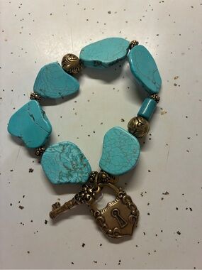 Turquoise Stone and Antique Gold Lock Bracelet - Women Jewelry